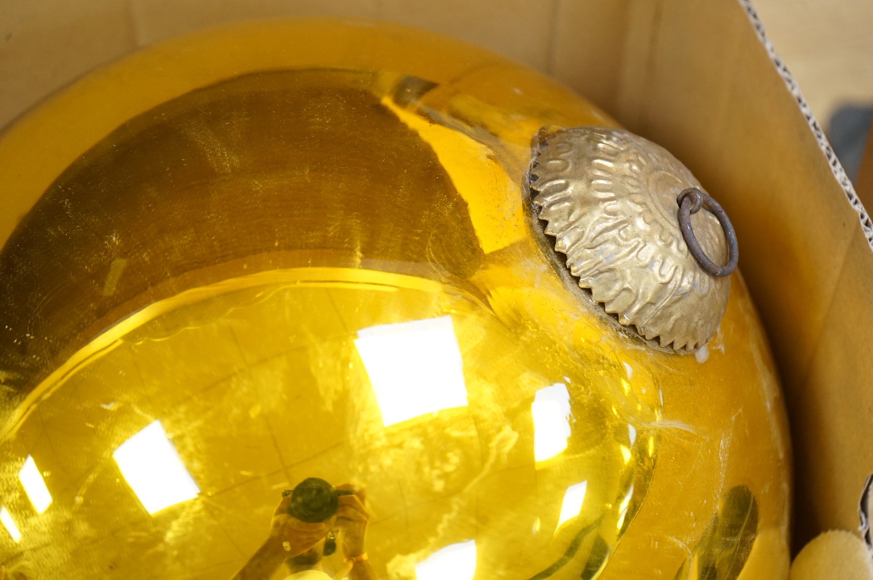 Two large witches balls, one silver and one gold, circumference approx. 82cm